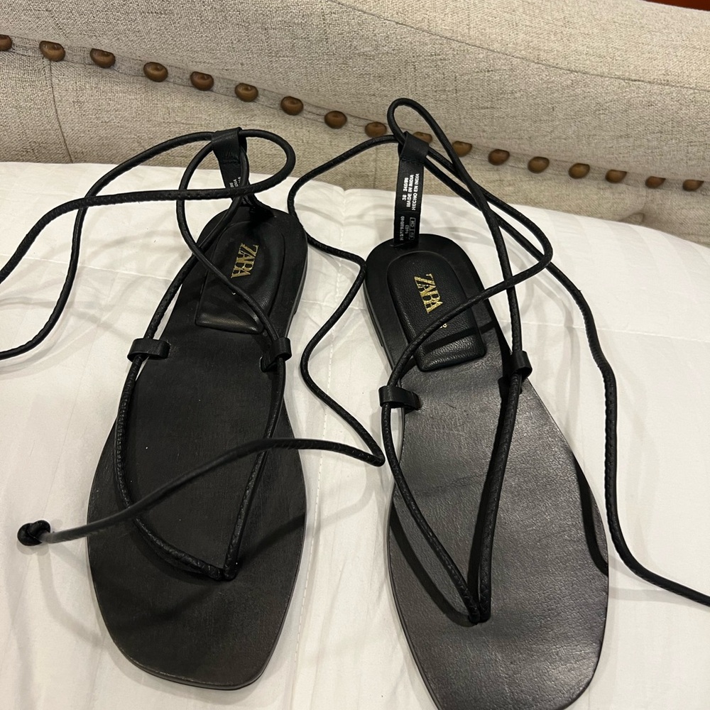 Zara black tie up sandals